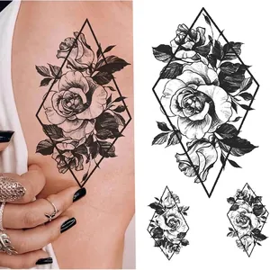 Realistic black rose and geometric diamond temporary tattoo sticker on arm and shoulder