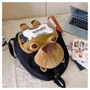 Detail of a black Capybara backpack featuring a plush head and transparent display window