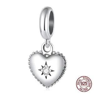 925 Sterling Silver Heart Charm Zircon Starburst Oxidized Bead Pendant For DIY Bracelet Necklace Jewelry Making