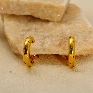 Orecchini A Cerchio A Forma Di C Strass Multicolore Placcato Oro 18K Acciaio Inossidabile Gioielli Geometrici Per Donne