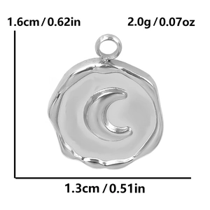 Detail view of crescent moon pendant showing size 1.6cm and weight 2.0g specifications