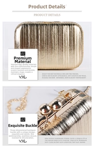 Detail of gold pleated evening clutch with metallic texture and spherical metal clasp