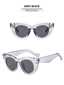 Detailansicht der transparent grauen Cateye-Sonnenbrille mit dunklen Gläsern und Scharnier