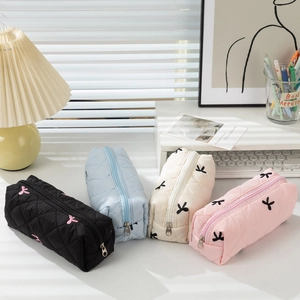 Quilted bow pencil cases in four colors with high-capacity storage for stationery