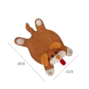 Detail of 20cm x 12cm handmade brown wool felt dog coaster with 2D cartoon animal design