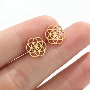 Hollow Flower Stud Earrings Stainless Steel Geometric Seed Of Life Round Pattern Korean Style Sweet Jewelry For Women