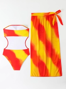 Two-piece gradient monokini with matching tie-waist sarong set on white background