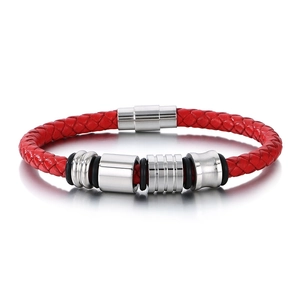 Men's red braided leather bracelet with silver metal beads and magnetic clasp on white backdrop