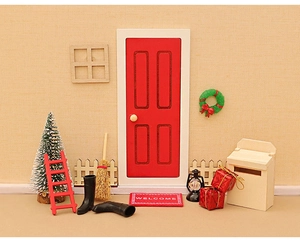 Miniature Christmas elf door set with red wooden door, ladder, and tree for dollhouse decor