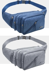 Detail of canvas sports waist bag with bottle holder, plastic buckles and metal zippers