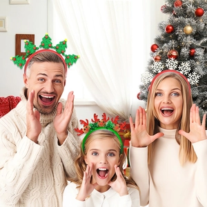 Family wearing festive Christmas headbands including green tree, snow, and reindeer styles