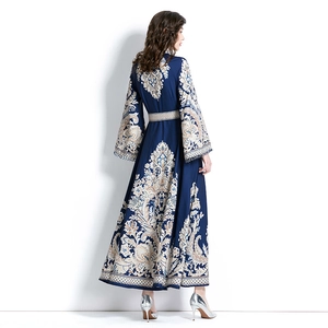 Navy blue paisley maxi dress featuring elegant flared sleeves and bohemia lace detailing