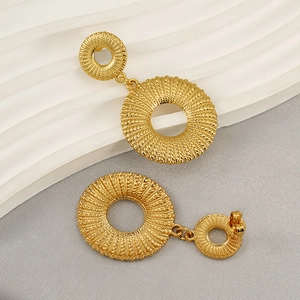 Golden 18K stainless steel drop earrings with intricate spiral woven texture design