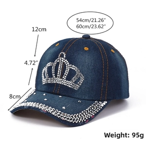 Detailed size chart for denim crown rhinestone baseball cap showing dimensions and weight