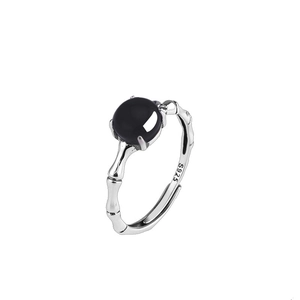 Retro S925 sterling silver ring with black agate stone and bamboo textured band