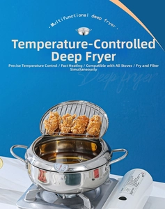 Détail de la friteuse tempura en inox 304 avec thermomètre intégré et grille d'égouttage