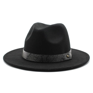 Classic black fedora hat with a grey snakeskin band and gold stud accent for men and women