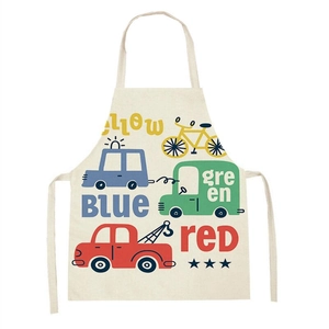 Beige linen apron featuring colorful cartoon vehicle prints with color name labels