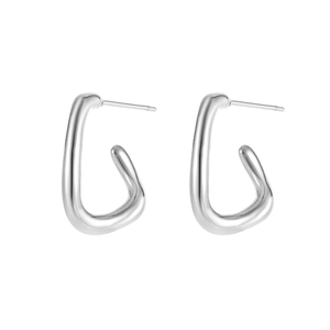 Pair of silver irregular liquid metal curve stud earrings with polished finish on white background