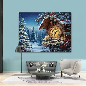 Winter snow forest Christmas tapestry with cabin and cat wall decor 200x150cm