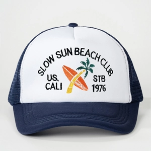 Trucker Hat Mesh Back Embroidered Slow Sun Beach Club Retro US Cali Adjustable Sun Protection Baseball Cap