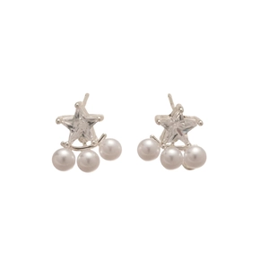 Elegant silver star stud earrings with zircon crystals and three white pearls for women