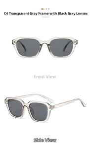 Detail view of square transparent grey sunglasses with dark grey UV lenses from two angles