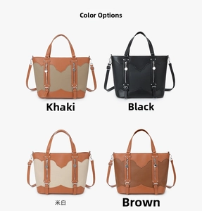 Collage of large soft leather tote bags in khaki, black, cream, and brown colors