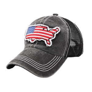 Vintage washed baseball cap with American flag patch embroidery and breathable mesh back