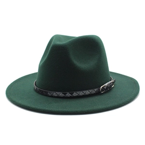 Detail of dark green wool fedora hat featuring a black woven leather belt and silver buckle