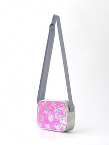 Pink and silver sequin heart small square crossbody bag with adjustable gray shoulder strap