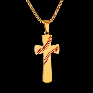 Detailed view of golden stainless steel cross pendant with red baseball stitching design