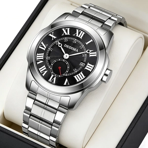 Detailed macro view showing the Roman numerals and steel strap of this Dedima men's watch.