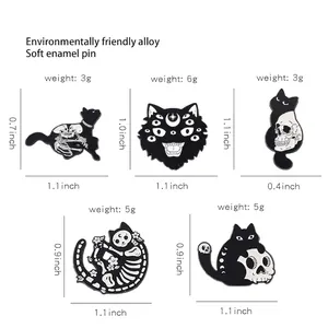 Set of 5 gothic black and white cat skull enamel pins in eco-friendly alloy