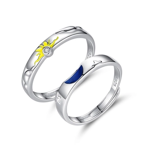 S925 sterling silver sun and moon couple rings set for lovers with blue and yellow stones