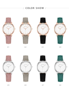 Verschiedene Farben minimalistischer Damen-Lederarmbanduhren in einer Matrix-Ansicht