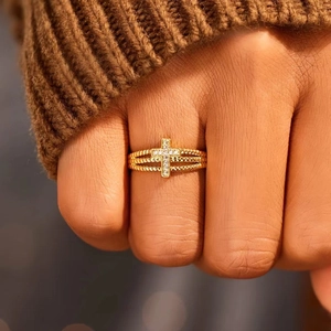 925 Sterling Silver Cross Ring Adjustable Triple Layer Twisted Band With Zircon Zirconia Minimalist Fashion Jewelry For Women