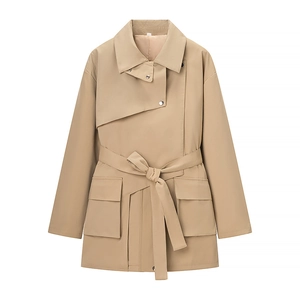 Trench-Coat Mi-Long Pour Femmes Polyester Coupe-Vent Élégant Avec Ceinture Revers Veste Décontractée Mode De Banlieue