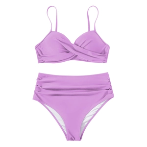 Detailed close-up of lavender high waisted bikini sets with front twist knot design