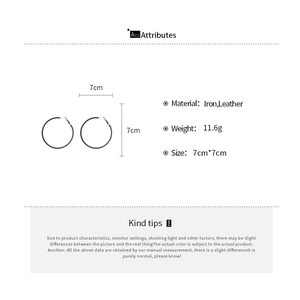 Detailed specs of 7cm round leather and iron hoop earrings weighing 11.6g per pair
