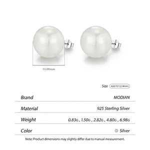 Elegant 925 sterling silver pearl stud earrings with a glossy 14mm round white pearl