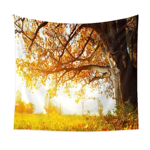 Detailed close-up of high-definition printing on autumn forest tapestry wall hanging
