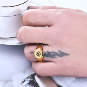 18K gold plated stainless steel 12MM signet ring featuring a vintage engraved letter F