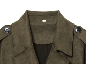 Detail of dark olive faux suede trench coat collar with high-quality resin buttons
