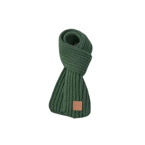 Dark green knitted scarf for kids featuring a square leather patch with EST LOVE text