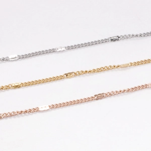 Close-up of square bead chains in silver, gold, and rose gold finishes for DIY jewelry