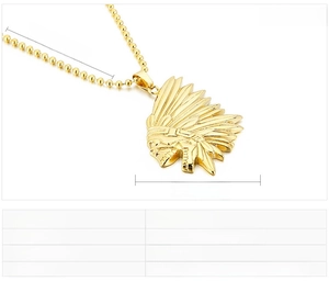 Detailed specs of gold Indian chief pendant with size markings and bead chain length