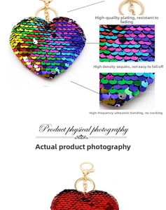 Detailed view of high-density sequins and premium electroplated clasp on heart keychain