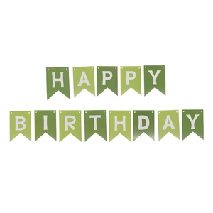 Detail of Happy Birthday banner with green swallowtail flags and white lettering
