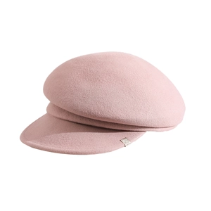 Pale mauve wool newsboy cap for women with textured wool finish and silver metal plaque